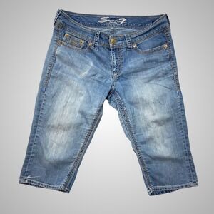 Seven7 Womens Blue Denim Capri Pants Medium Wash Embroidered Size 14